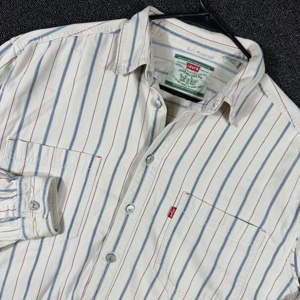 Vintage 90s Levis Red Tab Denim Work Shirt Mens L White Striped Western Workwear